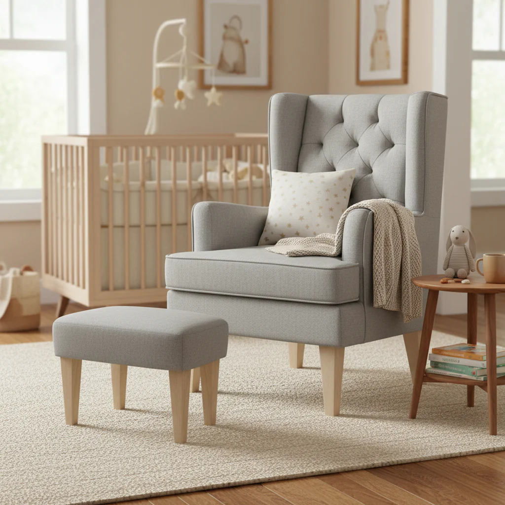 Johnston's Soothe Easy Deluxe Nursing Chair & Rocker with Foot Stool, Grey / Beechwood - Image 4